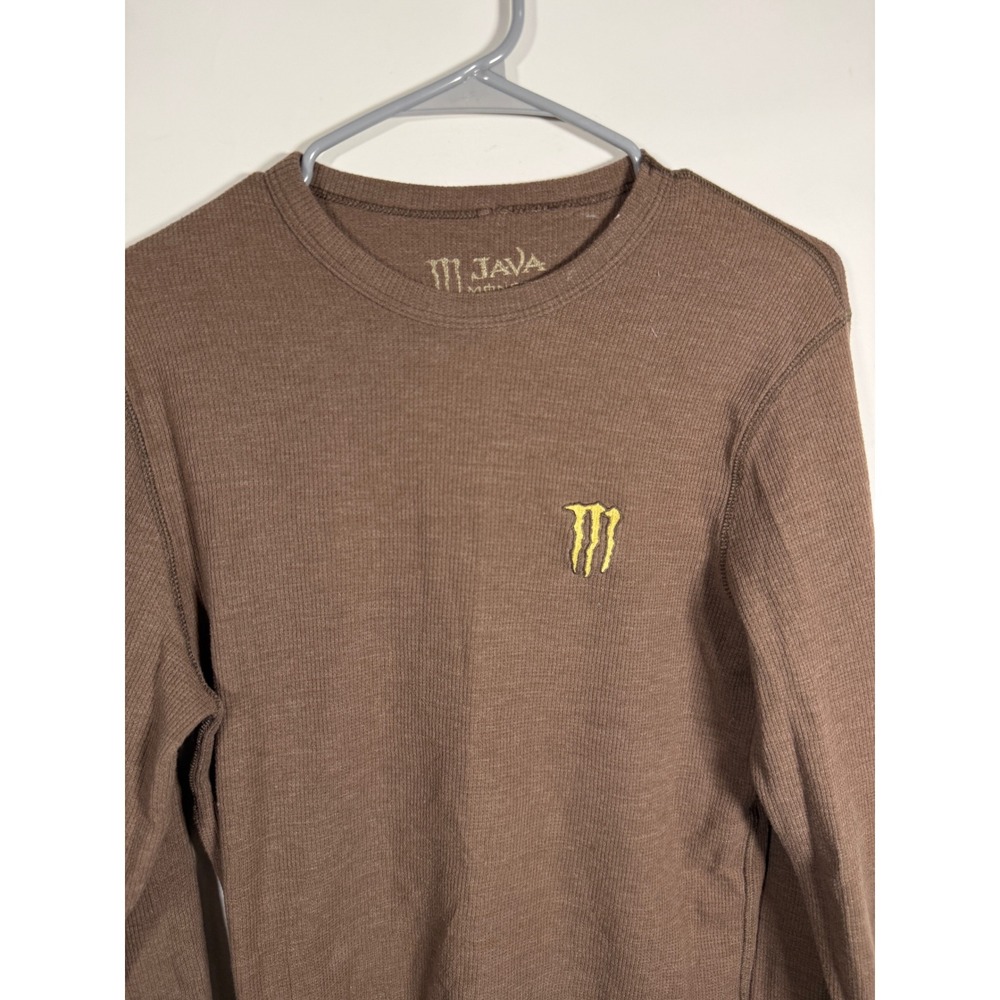 Java Monster Energy Mens Brown Thermal Long Sleeve Waffle Knit Shirt Medium